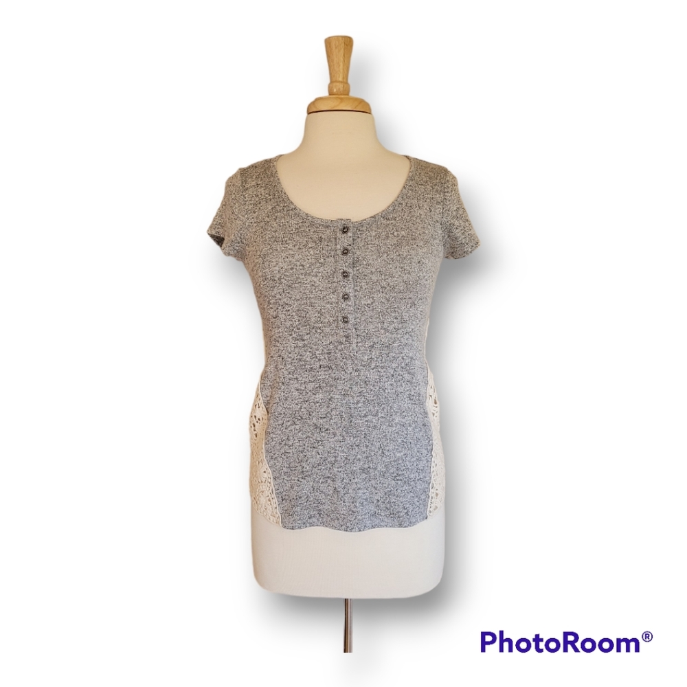 paper + tee Grey Crochet Detailed Short Sleeve Top  Size M
